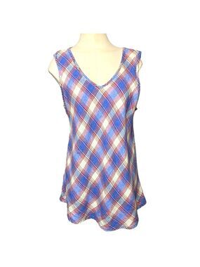 Flax Linen Tunic Tank Top Sz M Plaid Blue Cream Red Sleeveless Blouse Cami